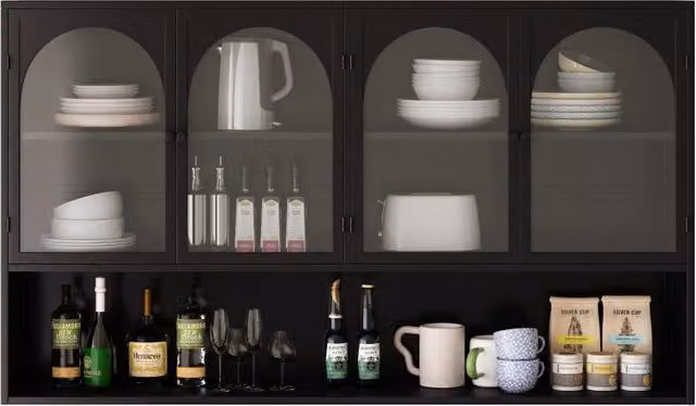 Armadietto pensile con 4 ante in vetro grigio, per cucina soggiorno e bagno, metallo nero, 120 × 23 × 70 cm