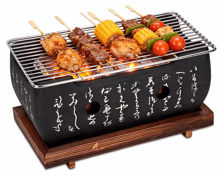 Griglia per barbecue giapponese, piano di lavoro per barbecue, utensili per barbecue con base in legno e piastra per carbone