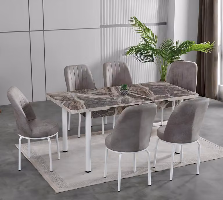 Tavoli da pranzo, set da pranzo, sedie, forma rettangolare, colore grigio, stile moderno, lusso