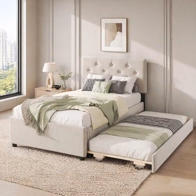 Letto imbottito 90x200 cm con rete a doghe e letto estraibile, velluto beige, design minimalista