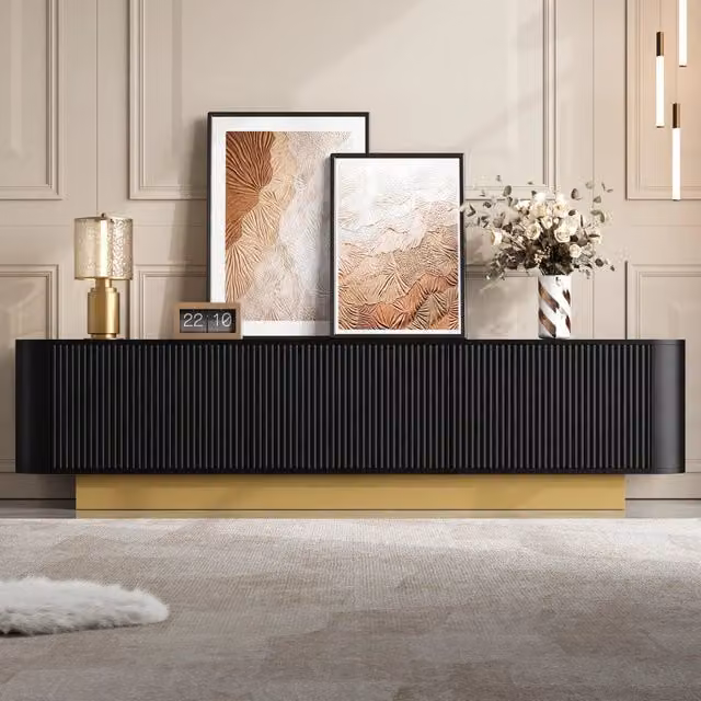 Mobile TV a 3 ante con ripiani e passacavi, per soggiorno, nero, 170 × 40.5 × 47 cm