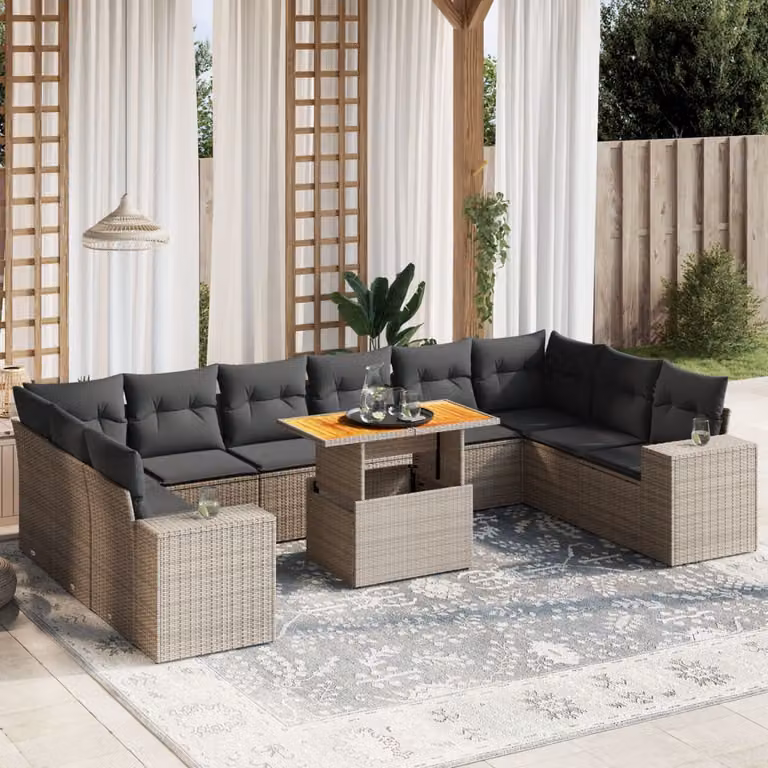 vidaXL Set Divani da Giardino 11 pz in Polyrattan Grigio con Cuscini e Tavolino da Esterno