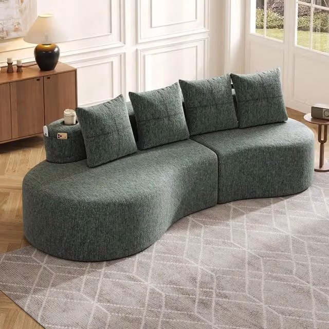 Divano 4 posti con cuscini ¨C Minimal ¨C tessuto verde con portabicchieri e tasche laterali