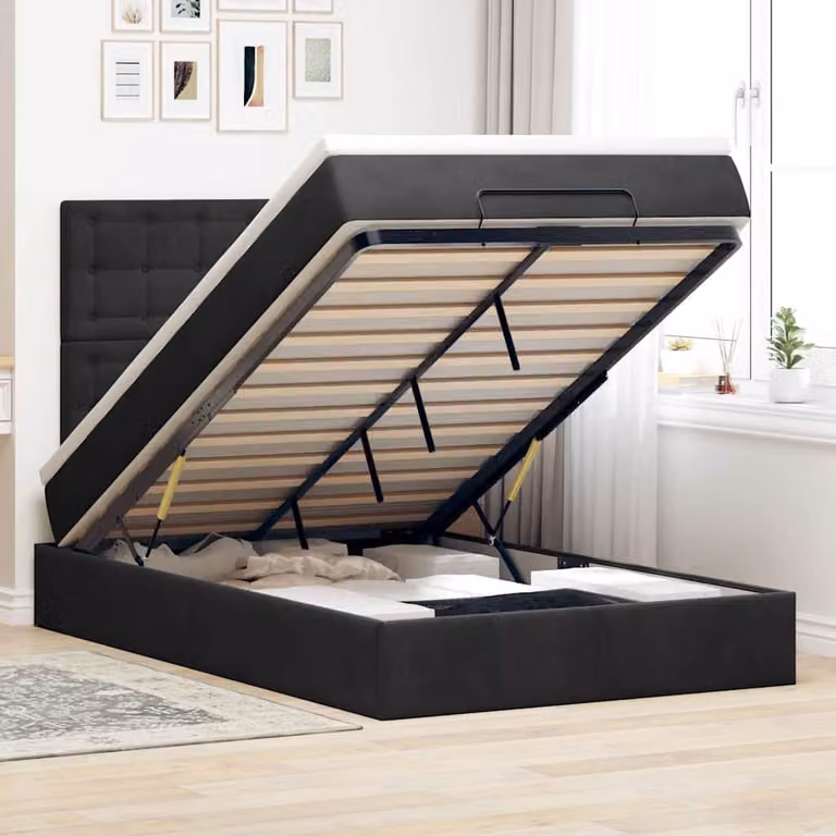 Letto con contenitore e materasso vidaXL in velluto nero, dotato di base a sollevamento, illuminazione sottostante e porte di ricarica USB, L/P/H: 200 x 120 x 128 cm