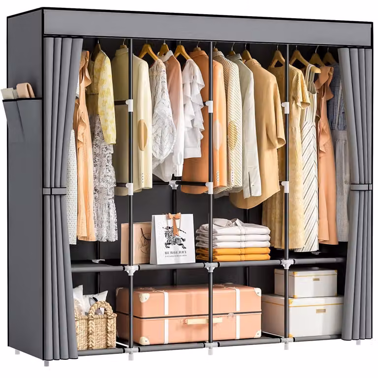 Armadio in tessuto con 4 aste appendiabiti e 8 scomparti, colore grigio, dimensioni 168x43x162 cm