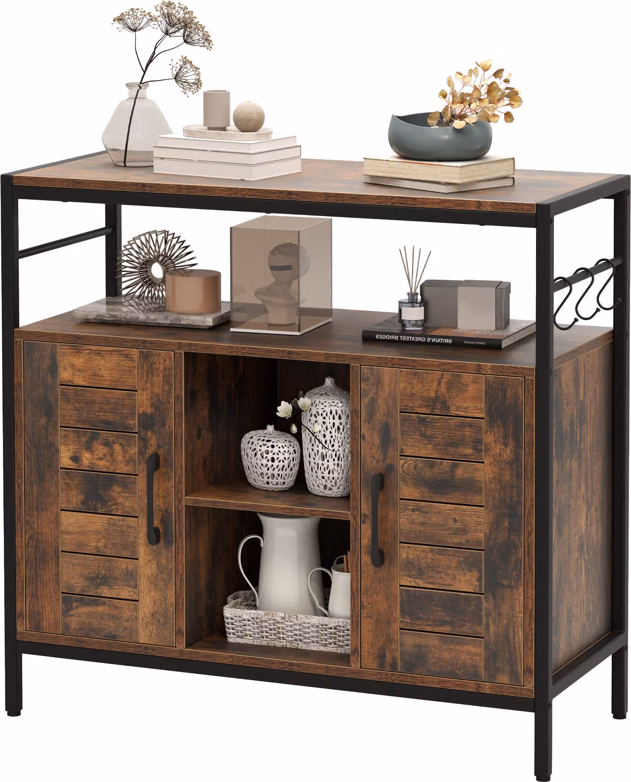 KOMFOTTEU, buffet da cucina in stile industriale, mobile da cucina in legno e metallo, armadio contenitore con 2 ante, ripiani a giorno e ripiani regolabili, credenza per cucina, ingresso o sala da pranzo