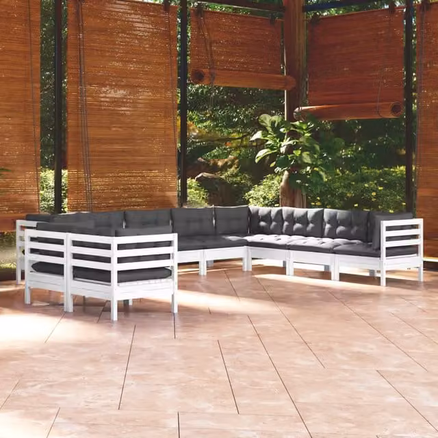 Set Divani da Giardino 10 pz con Cuscini Bianchi Legno di Pino 3096912