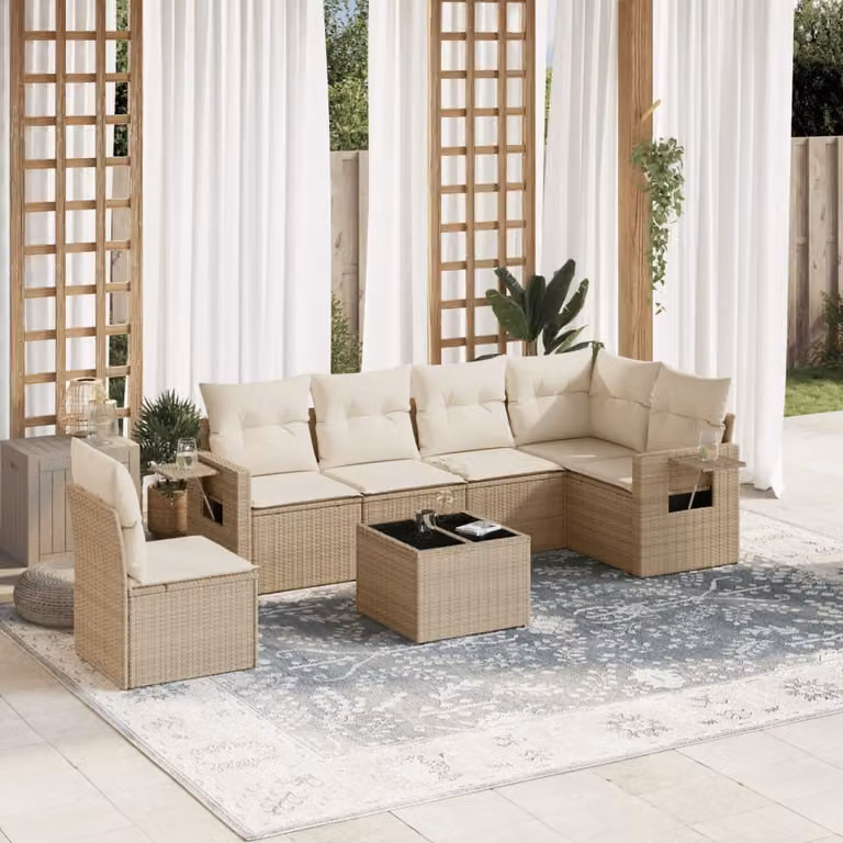 Set di divani da giardino vidaXL in polyrattan beige con cuscini e tavolino da esterno a forma di L
