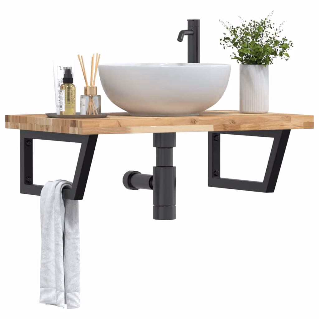 vidaXL Ripiano a Parete per Lavabo in Accacia e Metallo, Nero e Marrone, L: 60 cm, P: 24 cm, H: 50 cm
