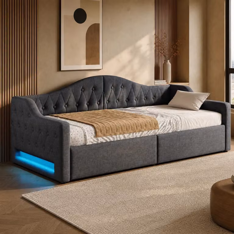 Letto contenitore moderno in lino grigio con illuminazione LED laterale e struttura in MDF, L/P: 90 x 200 cm