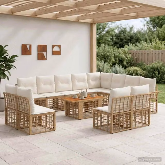 Set Divano da Giardino a L vidaXL in Polyrattan con Tavolino e Cuscini Beige e Bianco