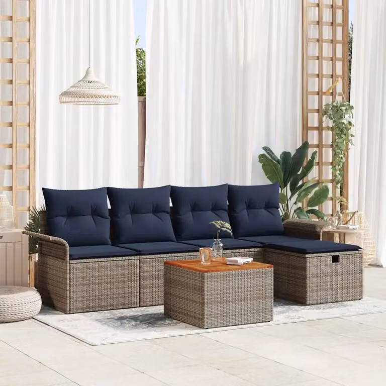 Set Divano da Giardino a L vidaXL in Polyrattan Grigio con 6 Pezzi, Tavolino e Ottoman inclusi
