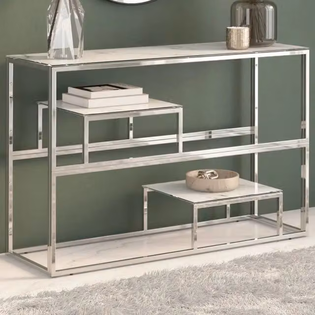 Tavolino Consolle Moderno vidaXL in Acciaio Inossidabile e Vetro Temperato Argento e Bianco L/P/H: 110 x 70 x 35 cm – 1
