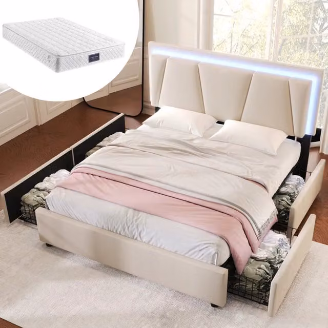 Letto 160 x 200 cm beige con LED, 4 cassetti e materasso a molle