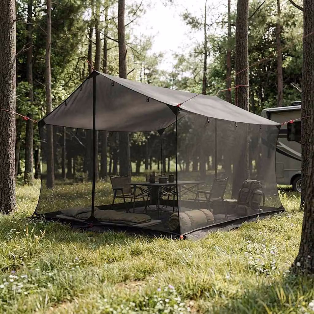 Telo da campeggio vidaXL con pareti in rete in poliestere, Marrone Grigio, L/P/H: 340 x 260 x 220 cm