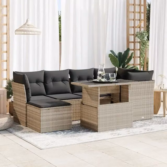 Set da giardino moderno vidaXL composto da 7 pezzi con divano a L, tavolino e cuscini grigi in rattan e metallo