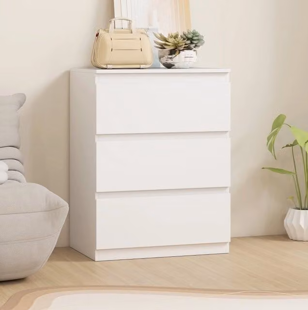 Cassettiera ULEVR bianca con 3 cassetti senza maniglie, mobile contenitore in legno per camera da letto e ingresso