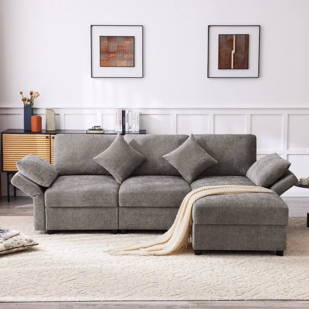 Divano angolare a 3 posti MIVRAY in ciniglia grigio con pouf e 4 cuscini, reversibile e moderno, L/P/H: 218 x 86 x 156,5 cm – 2