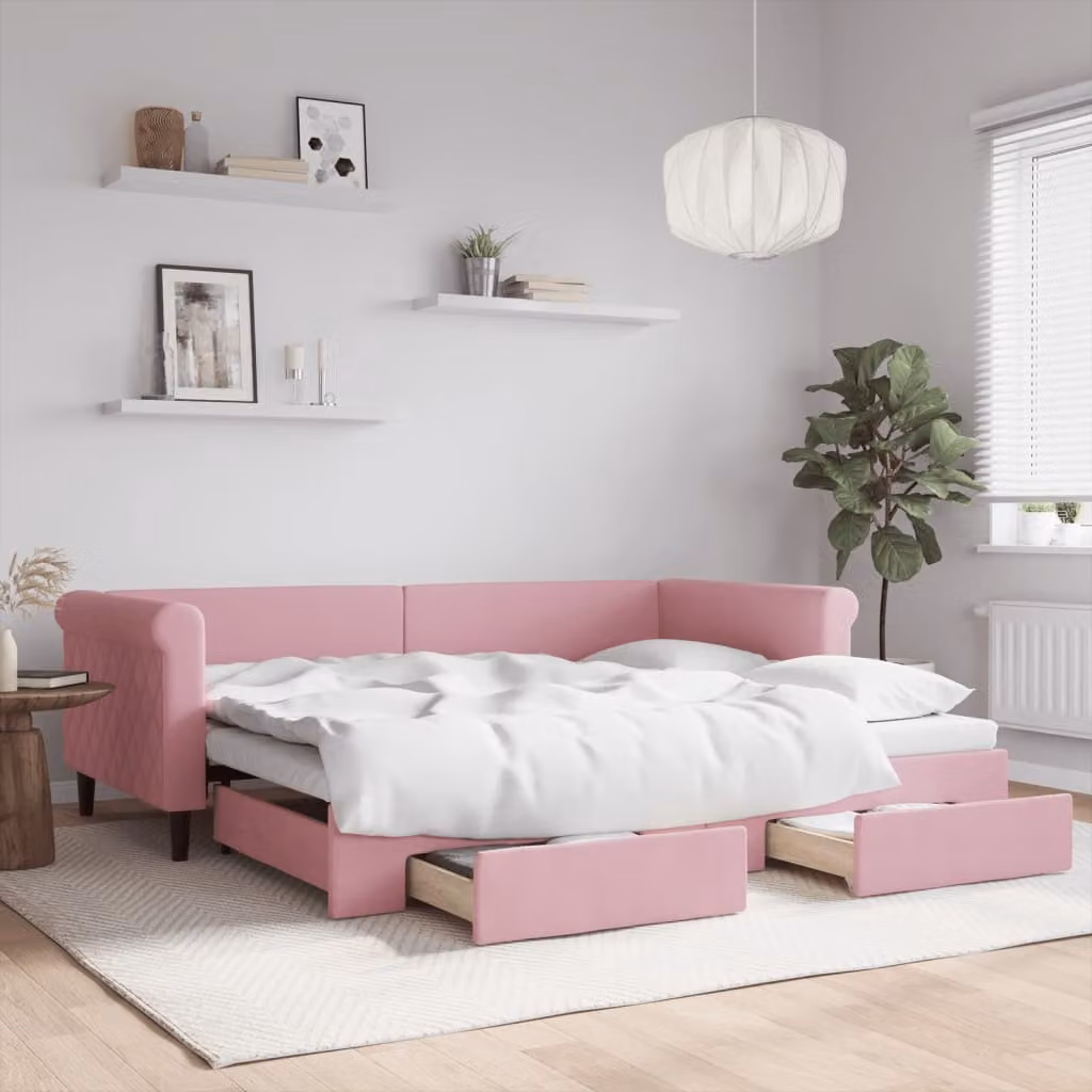 vidaXL Divano Letto Estraibile in Velluto Rosa con Cassetti L/P/H: 229 x 90 x 100 cm