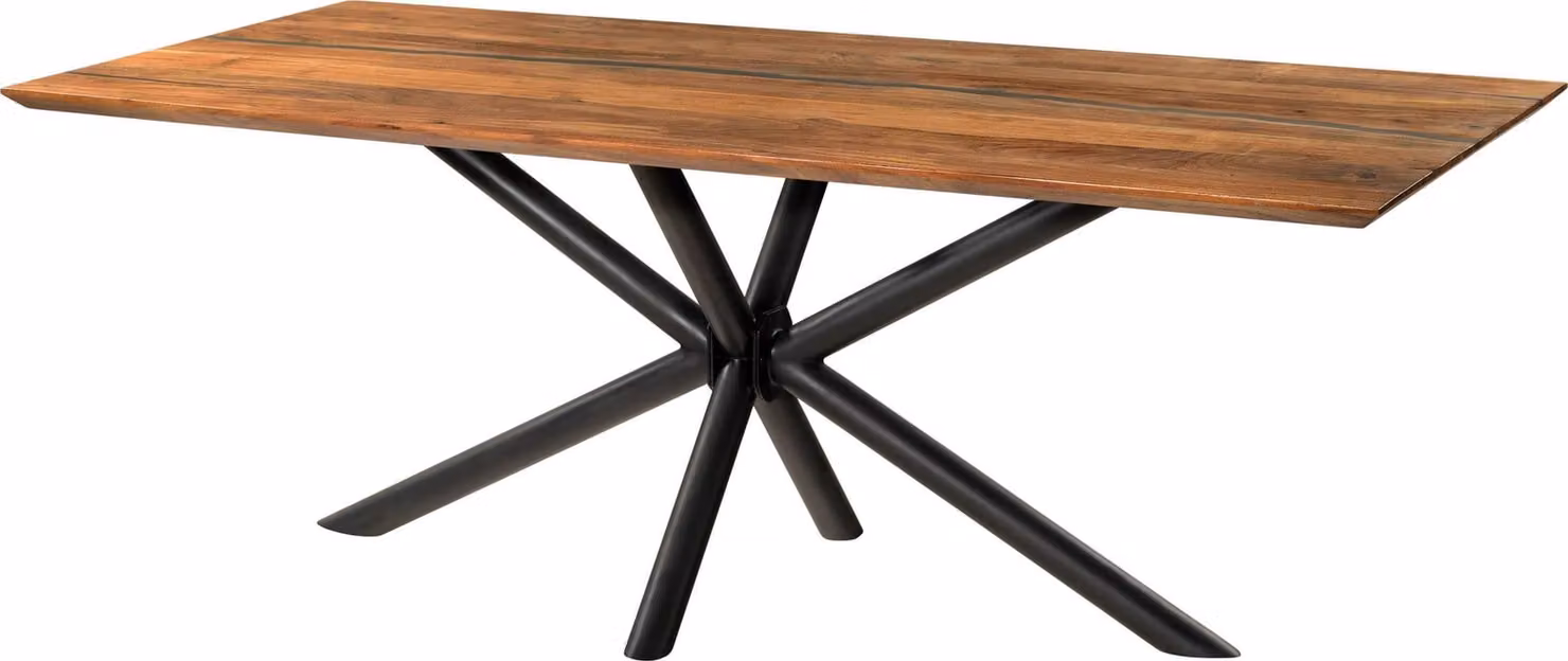 MASSIVMOEBEL24 | Tavolo da pranzo in legno di acacia e resina epossidica nera 220x100x74 laccato natur / gambe incrociate tonde antracite matt EPOXY