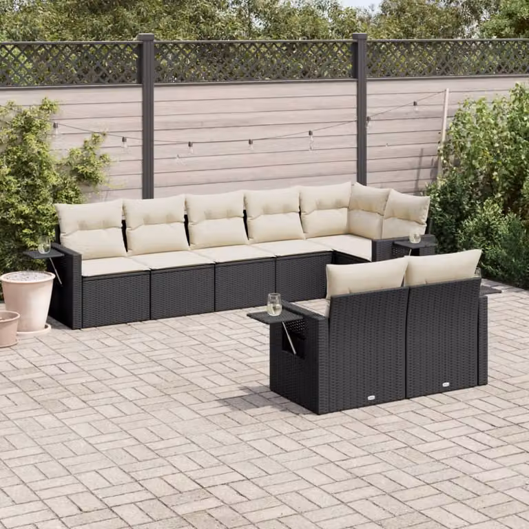 vidaXL Set Divani da Giardino a L con Cuscini 8 pz in Polyrattan Nero e Bianco