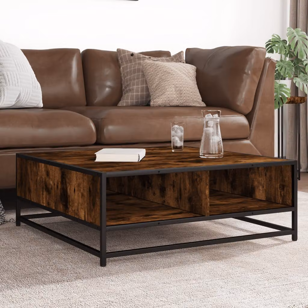 Tavolino da soggiorno vidaXL in stile industriale, Rovere Fumo e Metallo Nero, L 80 x P 80 x H 30 cm