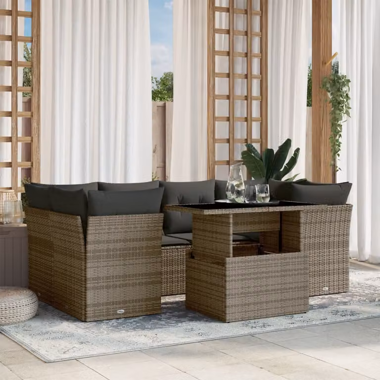 Set di divani da giardino vidaXL in polyrattan grigio con 7 pezzi, cuscini inclusi e tavolino da caffè