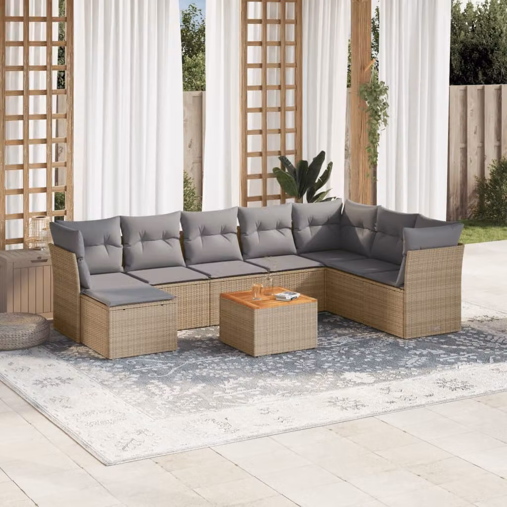 vidaXL Set Divano da Giardino a L in Polyrattan con Cuscini Beige e Tavolino da Esterno 9 pz – 1