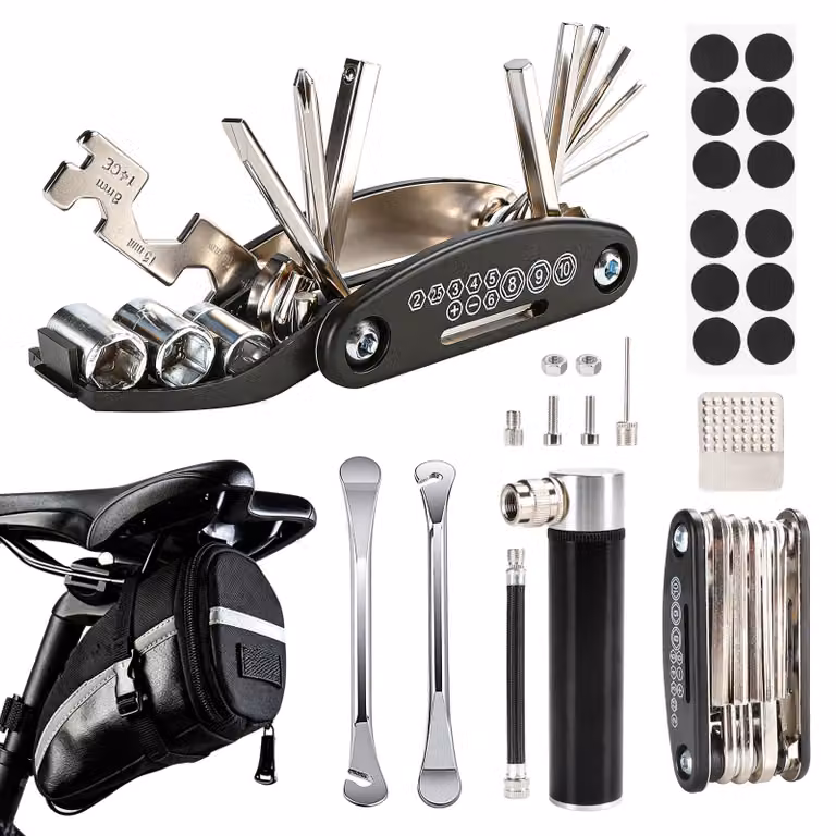 Kit di riparazione per bicicletta, 16 funzioni in 1, con mini pompa, ideale per mountain bike e bici da corsa, da utilizzare in viaggio