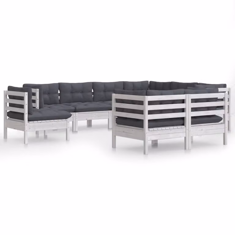 Set Divani da Giardino 9 pz con Cuscini Bianchi Legno di Pino