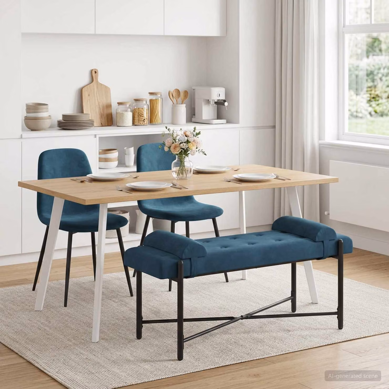 Panchina moderna vidaXL in velluto blu con bottoni e cuscini, L 110 x P 40 x H 46 cm