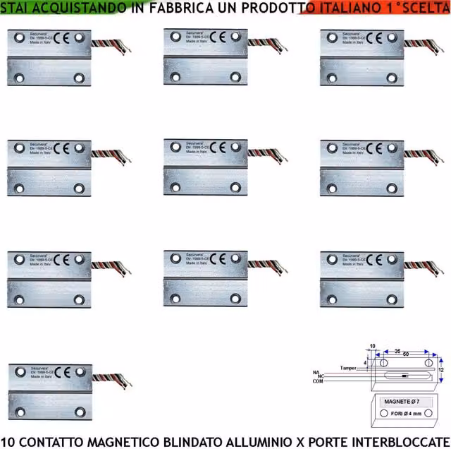 Set di 10 Sensori Magnetici Antifurto Securvera per Porte e Finestre, Contatto Reed con Campo 20 mm, 5 Fili, Funzione C.NC.NA e 2 Tamper, Colore Argento, Grado di Protezione IP65
