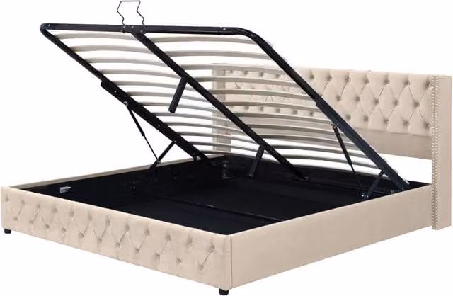 Letto matrimoniale imbottito beige in velluto 180x200 cm con contenitore e struttura idraulica