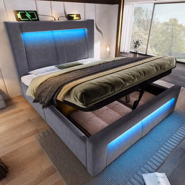 Letto singolo imbottito 90 x 200 cm in velluto con contenitore idraulico, LED con app, USB e USB-C, testiera curva - Grigio, senza materasso