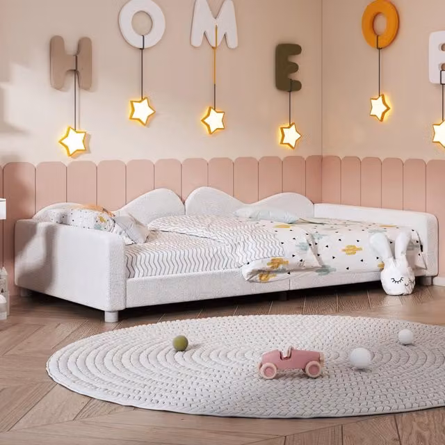 Letto imbottito 90x200 cm in tessuto teddy bianco; letto divano per bambini con schienale; braccioli e 12 doghe