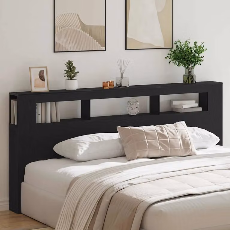 Testiera per letto con LED e porta USB vidaXL in rovere e nero, con mensola integrata e illuminazione sottostante, L: 220 cm, H: 103,5 cm, P: 18,5 cm