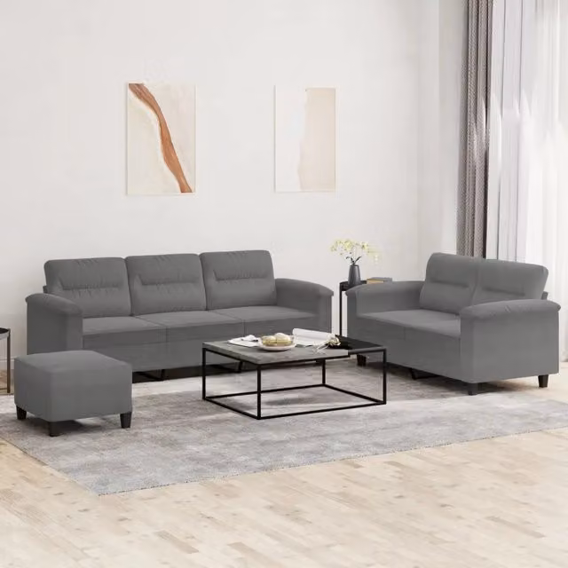 Set di Divani Moderno vidaXL in Microfibra Grigia con Pouf e Cuscini, Composto da Divano a 3 Posti, Divano a 2 Posti e Pouf – 1