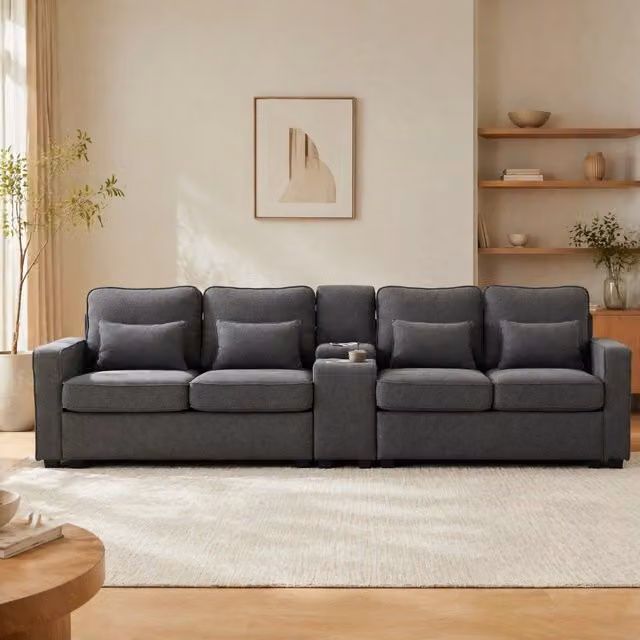 Divano a 4 posti MIVRAY in tessuto grigio con console portaoggetti, portabevande e porte USB, L: 290 cm, P: 88 cm, H: 83 cm