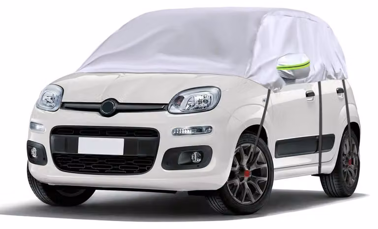 Copertura per auto di tipo "mezza garage" per Fiat Panda, modelli dal 2003 al 2023, colore argento, realizzata in PEVA/cotone non tessuto, offre protezione per tutto l'anno e presenta strisce riflettenti