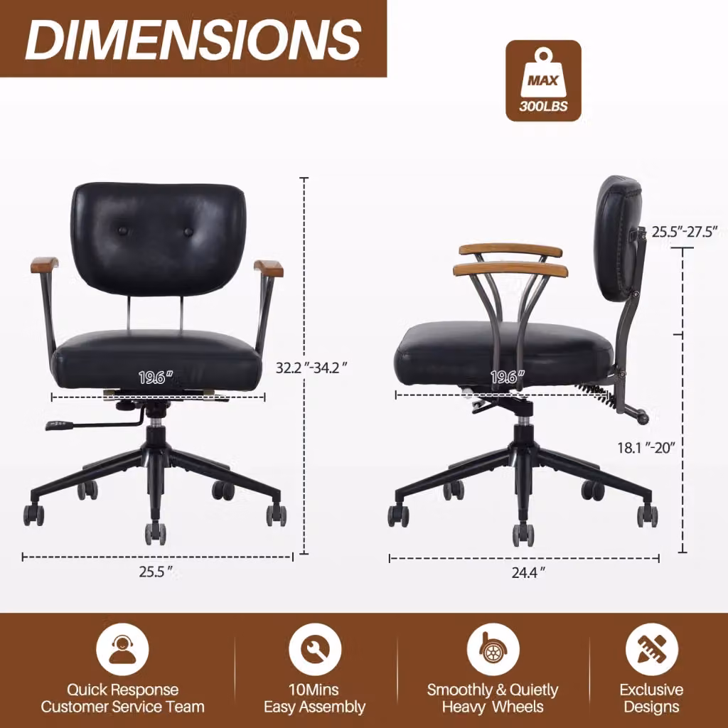 Sedia da ufficio ergonomica OKWISH girevole in ecopelle nera con struttura in metallo e rotelle per home office – 2