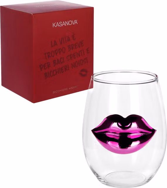 Bicchiere tumbler in vetro trasparente con labbra rosa da 400 ml
