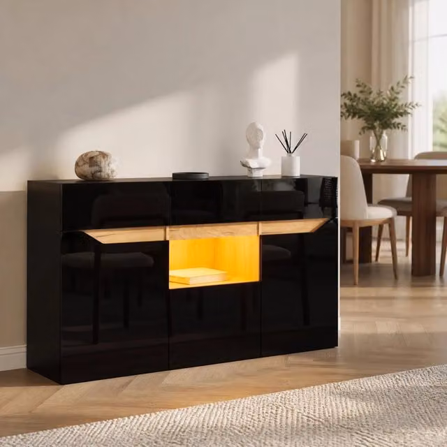 Credenza soggiorno 140x40x70 cm con 4 cassetti; LED; finitura lucida; nero e legno