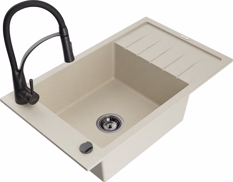 Mexen Elias lavello in granito 1-vasca con sgocciolatoio e rubinetto da cucina Aster, beige - 6511-69-73450-70-B
