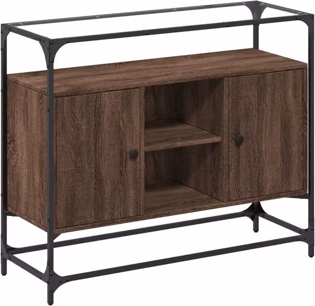 Credenza Buffet da pranzo con piano in vetro e finitura rovere marrone, L 98 x P 35 x H 81 cm