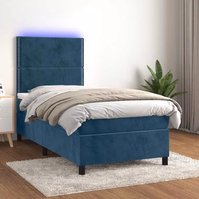 Letto Ibrido vidaXL in Velluto Blu con Materasso e Illuminazione LED Sotto il Letto e Porte USB, L/P: 100 x 200 cm