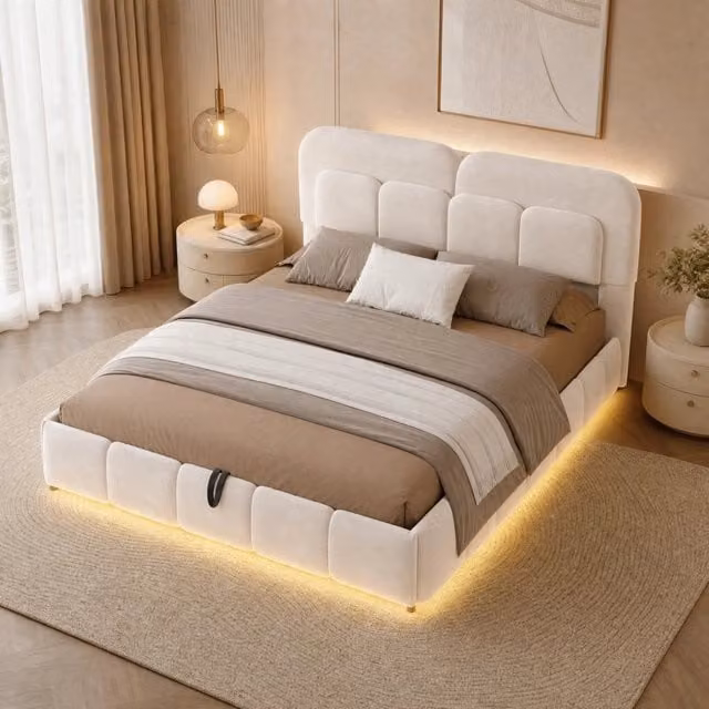 Letto matrimoniale 140x200 cm in velluto beige con LED e vano contenitore -