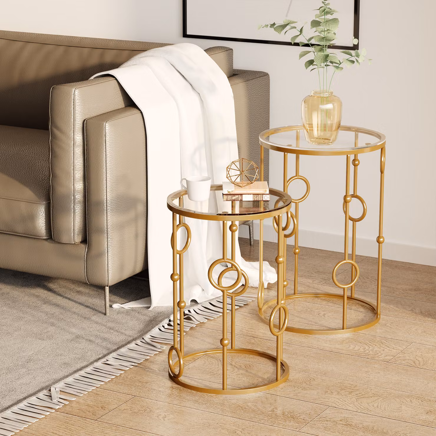 Set di 2 tavolini da caffè Homcom con design geometrico moderno in metallo dorato e vetro temperato – 2