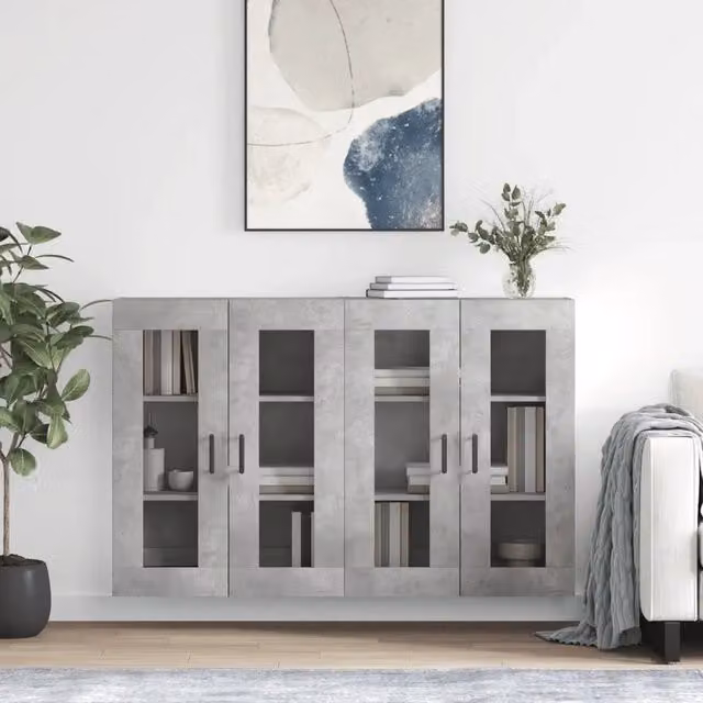 Set di 2 armadietti da parete vidaXL in legno e vetro con ante in vetro, colore grigio, design moderno per bagno
