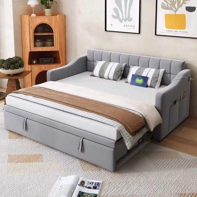 Divano letto convertibile 2 in 1 90/180x190 cm; letto a divano con presa elettrica e tasca portaoggetti; velluto; Grigio chiaro