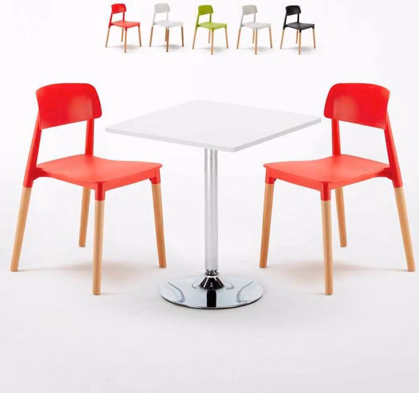 Tavolo quadrato bianco e 2 sedie in polipropilene colorato Set di bastoni per interni Barcellona Cocktail - Rosso